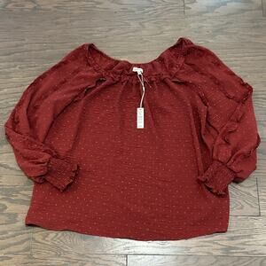 Max Studio Clip Dot Smocked Long Sleeve Blouse - Garnet Red Size 2X NWT